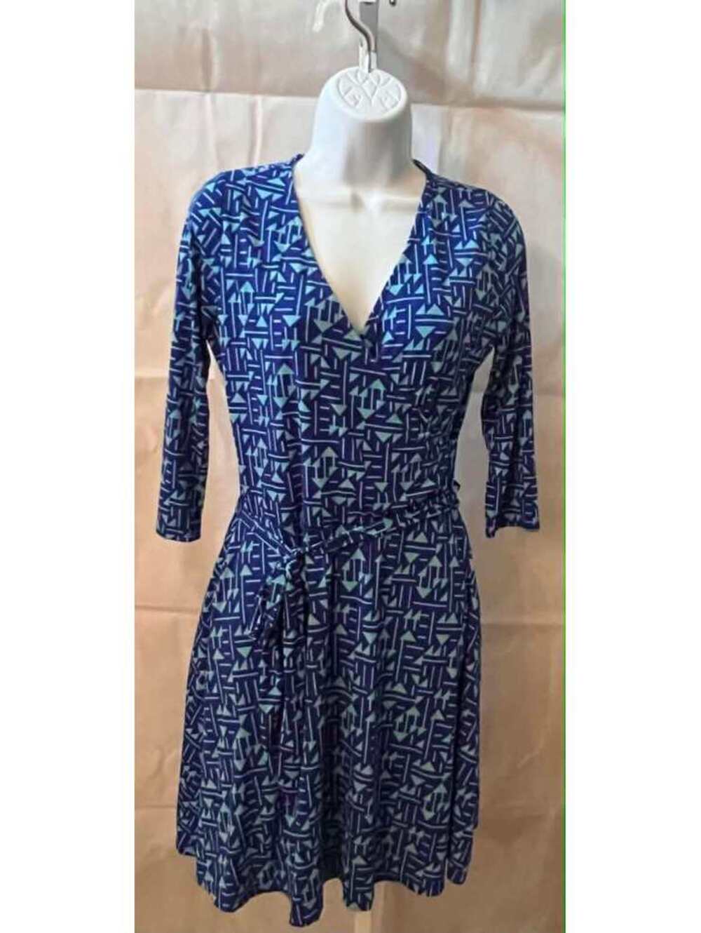 41 Hawthorn Blue Geometric Faux Wrap Fit & Flare Dress Belted